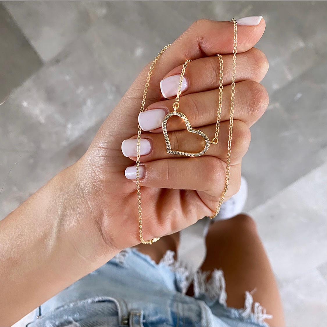 שרשרת לב זהב גדול חלול משובץ (6073894764710)